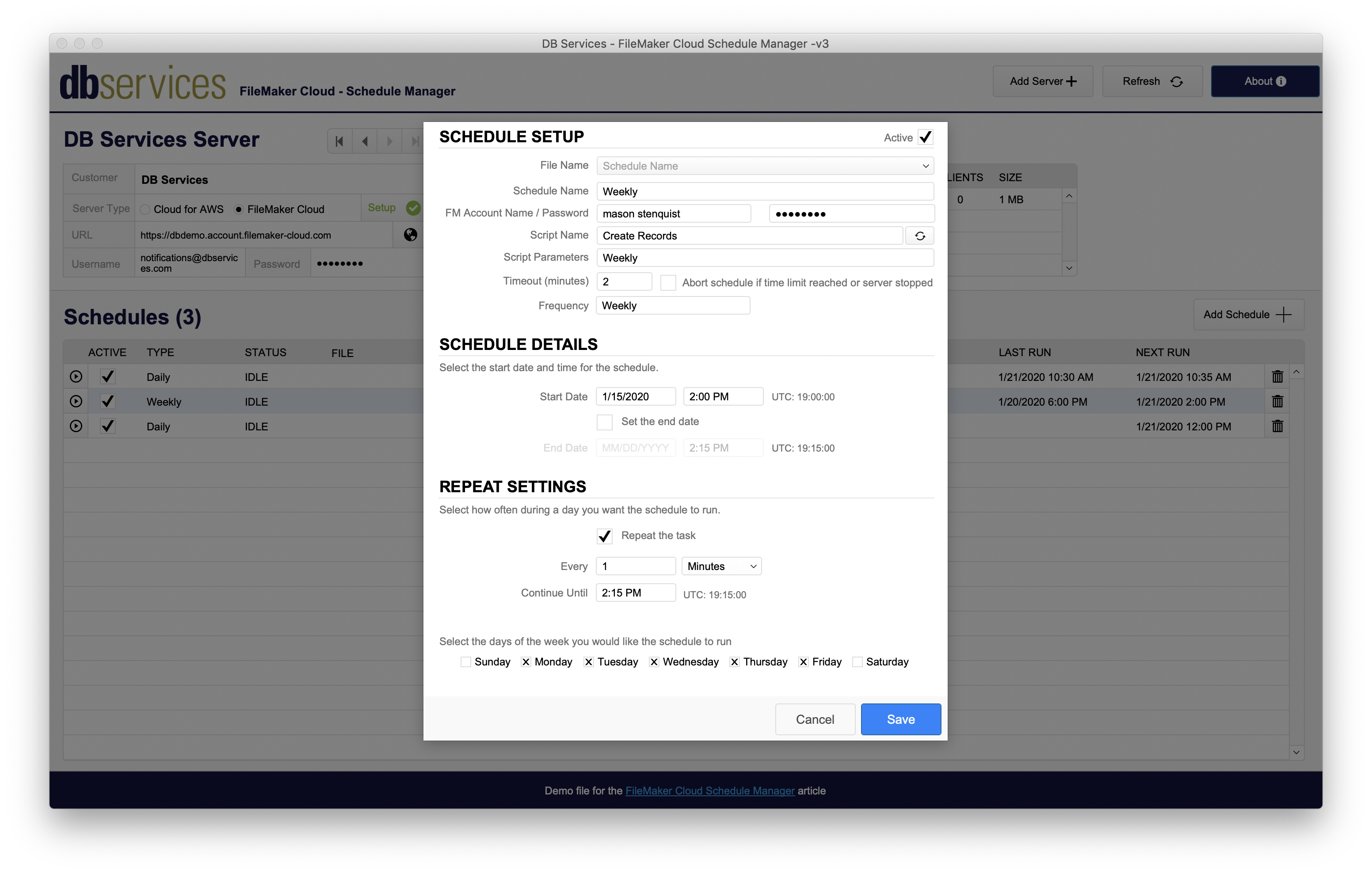 a card window displaying the edit schedule layout